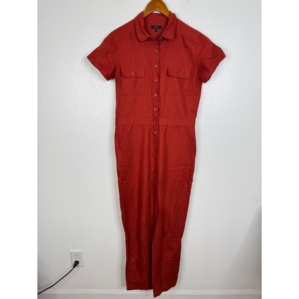 Quince Cotton Linen Twill Short Sleeve Coverall Jumpsuit Rust Red Small KDW01